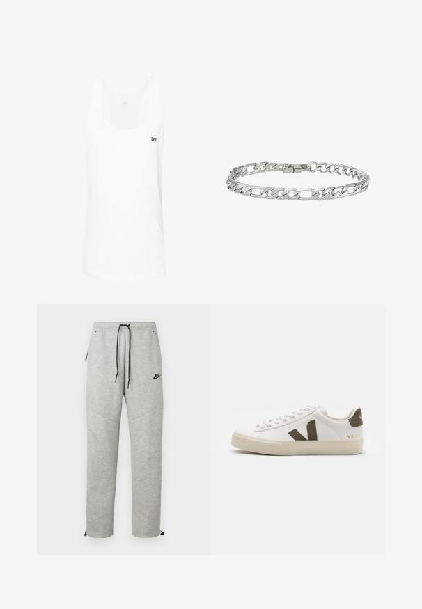 Débardeur en coton blanc avec un col rond, sans manches, et un petit logo navy "Lee" sur la zone gauche de la poitrine.; Pantalons de survêtement Nike gris avec taille élastique à cordon, poches latérales et poignets élastiques. Caractérisés par une texture lisse et un logo noir contrastant.; Baskets en cuir blanc avec une semelle en caoutchouc beige clair. Présentent un logo en V en daim marron et une languette de talon. Fermeture à lacets avec une surface texturée.; Bracelet en chaîne métallique argentée présentant des maillons ovales entrelacés avec une finition polie et une fermeture à fermoir sécurisée.