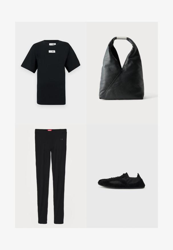 Zwart katoenen T-shirt met korte mouwen en een ronde hals, voorzien van twee witte labels op de borst. Simpel ontwerp, normale pasvorm, zonder patronen of accenten.; Zwarte legging van gladde stof, met een hoge tailleband en subtiele branding aan de voorkant. De legging heeft een slanke, aansluitende pasvorm.; Zwarte lichte sneaker met suède accenten, elastische enkelsluiting en dunne zool, zijaanzicht op een effen achtergrond.; Zwarte leren handtas met een driehoekige vorm, zachte textuur en een zilverkleurige cilindervormige sluiting aan het bovenste handvat.