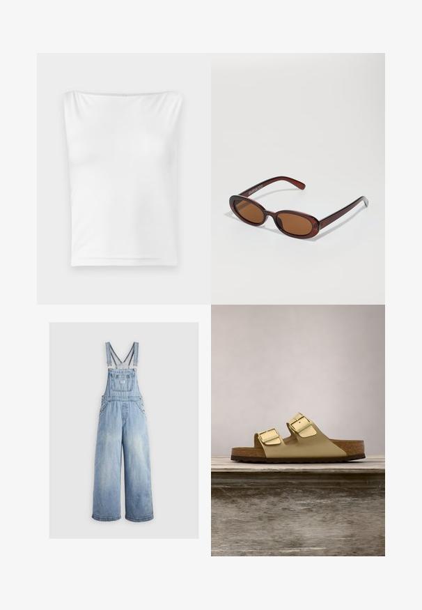 Hvid ærmeløs top med en lige udskæring, lavet af glat stof, med en tætsiddende silhuet og uden synlige hardware eller mønstre.; Lyseblå denim overalls med brede ben, justerbare skulderstropper, frontlomme og metalbuttons på siderne. Klassisk stil med en afslappet pasform.; Guldmetallic to-straps sandal med justerbare spænder, kork-såler og en struktureret gummiyderside. Har åben tå og åben hæl design.; Runde, bruntonede solbriller med en glansfuld bordeauxramme. Slanke arme med diskret brandingdetalje. Flad linsedesign.