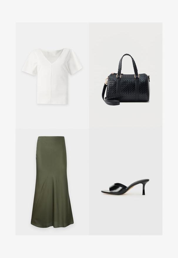 Blusa blanca de manga corta con cuello en V pronunciado y una costura vertical central en la parte delantera, mostrada sobre un fondo liso.; Falda midi ajustada de satén color verde oliva, con un corte acampanado en el dobladillo, exhibida sobre un fondo blanco.; Mules de tacón alto de cuero negro con diseño de punta descubierta y una amplia correa superior curva. Textura suave y silueta elegante.; Bolso de cuero negro con patrón trenzado, dos asas cortas y correa larga desmontable, sobre un fondo claro y sencillo.