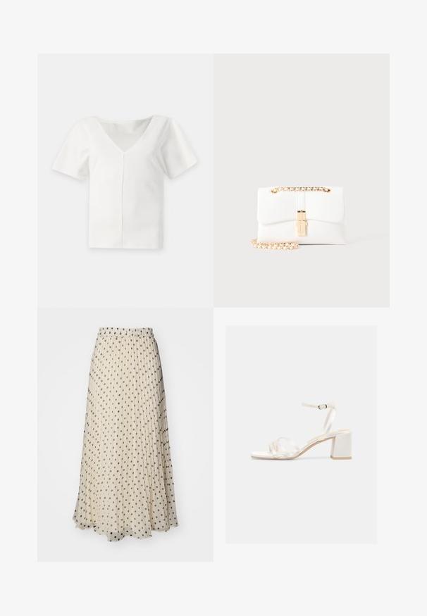 White short-sleeve blouse with a deep V-neck and a central vertical seam on the front, displayed on a plain background.; Pleated maxi skirt in cream fabric, featuring evenly spaced dark polka dots. Elastic waistband for comfort and flowy hemline.; White open-toe sandal with thin straps, a buckle ankle strap, and a medium block heel on a plain background.; White rectangular handbag with a gold clasp and a gold chain strap on a light background.
