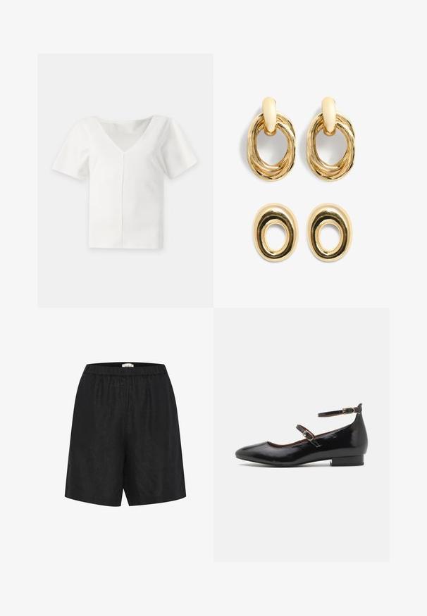 Blouse blanche à manches courtes avec un profond col en V et une couture verticale centrale à l'avant, présentée sur un fond uni.; Shorts noirs à coupe ample avec taille élastique, longueur mi-cuisse, en tissu léger.; Chaussures Mary Jane en cuir verni noir avec un embout pointu, une bride à la cheville et un petit talon carré. Présentent des accents en métal doré.; Boucles d'oreilles en métal doré avec des designs ovales tordus. La paire du haut a une boucle texturée ; la paire du bas est lisse avec une découpe circulaire.