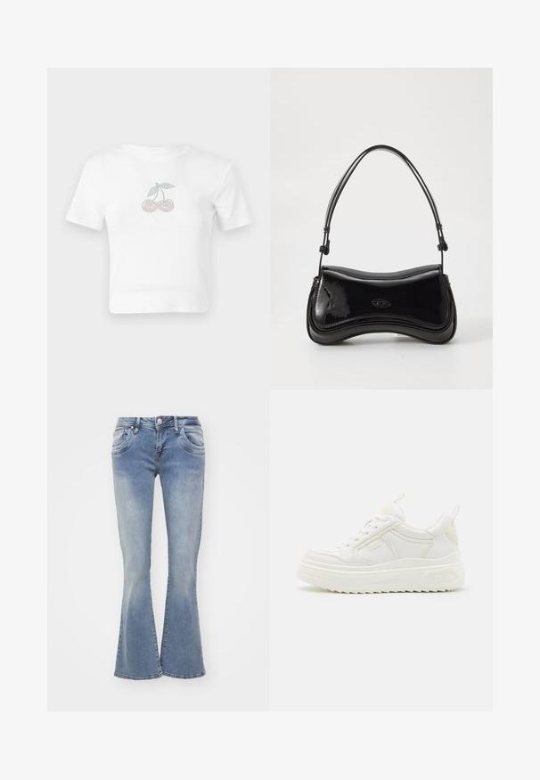 T-shirt cropped en coton blanc avec un motif de cerises à pois en rose et vert sur le devant. Manches courtes et col rond.; Jean évasé bleu en denim, avec un délavage clair, cinq poches et une fermeture à bouton. Les jambes sont larges au niveau de l'ourlet.; Baskets en cuir blanc avec une semelle épaisse, design à lacets et branding subtil. Présentent une texture lisse et un bout arrondi.; Sac à main en vernis noir avec une forme courbée, une poignée unique et un fond arrondi. Présente un détail de logo discret à l'avant.