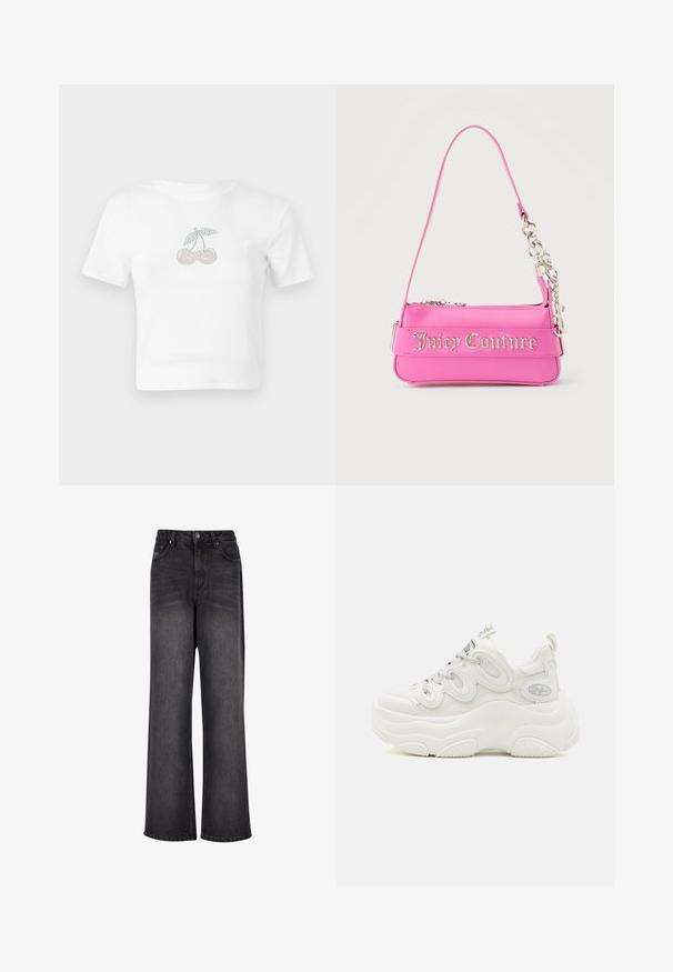 Weißes, kurzes Baumwoll-T-Shirt mit einem gepunkteten Kirschdesign in Pink und Grün auf der Vorderseite. Kurze Ärmel und runder Ausschnitt.; Schwarze Denim-Jeans mit weitem Bein und glatter Textur, mit hoher Taille, seitlichen Taschen und einer Knopfverschluss.; Weiße klobige Sneaker mit einem Obermaterial aus Mesh und Synthetik, geschwungener Form, strukturiertem Absatz und einem auffälligen Schnürsystem mit Logodetails.; Kleine, leuchtend pinke Juicy Couture Handtasche mit silbernen Kettendetails und Logo-Schriftzug auf der Vorderseite, schmaler einzelner Schulterriemen.