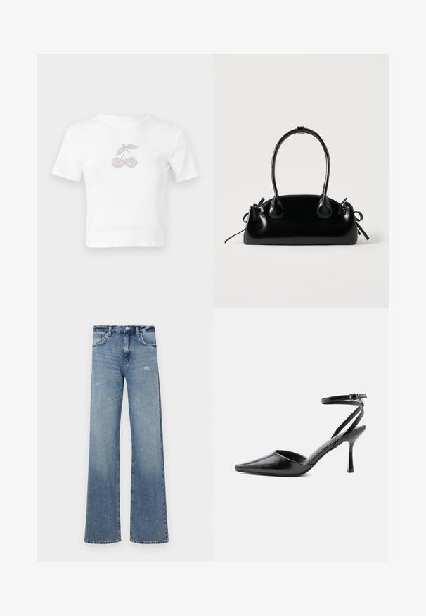 Weißes, kurzes Baumwoll-T-Shirt mit einem gepunkteten Kirschdesign in Pink und Grün auf der Vorderseite. Kurze Ärmel und runder Ausschnitt.; Hellblaue Denim-Jeans mit hoher Taille, weitem Beinschnitt, leichter Abnutzung und traditioneller Fünf-Taschen-Struktur.; Schwarzer spitzer High Heel mit dünnen Knöchelriemen und silberner Schnalle auf einfachem hellem Hintergrund.; Kleine schwarze glänzende Handtasche mit zwei langen Griffen und seitlichen Kordelzug-Details vor einfachem hellem Hintergrund.
