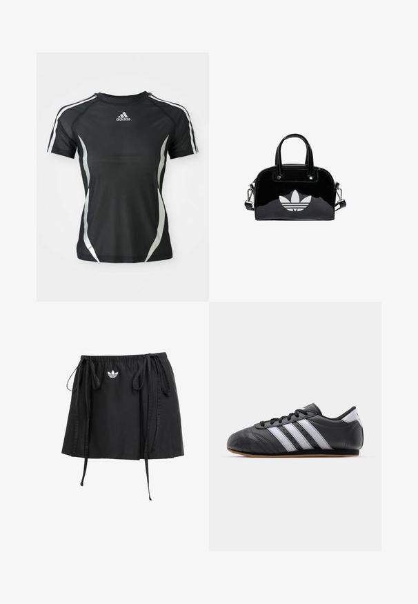 Zwarte Adidas sport T-shirt met korte mouwen, voorzien van witte strepen op de schouders en zilveren gebogen accenten aan de zijkanten.; Zwarte sport rok met verstelbare trekkoorden, met een klein wit logo aan de voorkant. Gemaakt van lichtgewicht stof met een zachte textuur.; Zwarte leren sportschoen met witte strepen, ronde neus, platte zool en vetersluiting. Bevat perforaties voor ademend vermogen.; Zwarte gepatenteerde leren handtas met een afgeronde vorm, dubbele handvaten bovenaan, zilveren accenten en een opvallend wit logo aan de voorkant.