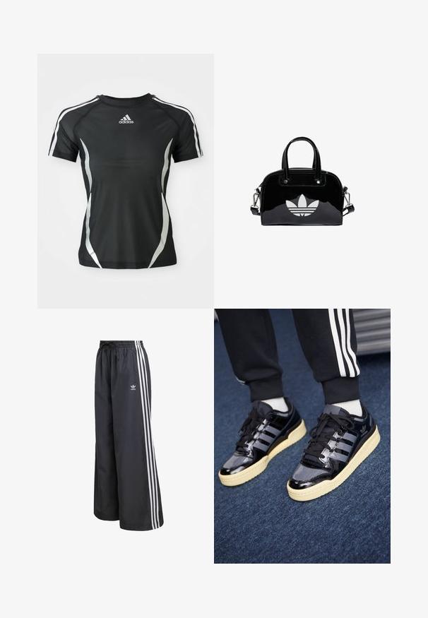 Čierne športové tričko Adidas s krátkym rukávom, s bielymi pruhmi na ramenách a striebornými zakrivenými akcentmi po stranách.; Čierne športové nohavice z ľahkého materiálu, s tromi bielymi vertikálnymi pruhmi a elastickým pásom so sťahovacou šnúrkou.; Čierne lakované kožené tenisky s tromi pruhmi, gumovou podrážkou a krémovou vonkajšou podrážkou. Obsahujú ploché šnúrky a hladký lesklý povrch.; Čierna lakovaná kožená kabelka s okrúhlym tvarom, dvojitými hornými rúčkami, striebornými akcentmi a výrazným bielym logom na prednej strane.