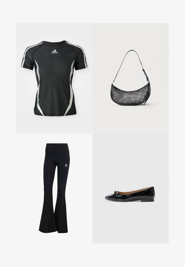 Schwarzes Adidas Sport-T-Shirt mit kurzen Ärmeln, weißen Streifen an den Schultern und silbernen gewölbten Akzenten an den Seiten.; Schwarze gerippte Schlagleggings mit einem breiten Bund, ausgestattet mit einem kleinen weißen Adidas-Logo auf der oberen linken Seite. Weicher Stoff.; Schwarze Lackleder-Ballerinas mit spitzer Zehenform, kleiner Schleifendetail an der Vorderseite und niedrigem, quadratischem Absatz. Glatte, glänzende Textur.; Kleine schwarze Netz-Schultertasche in Halbmondform mit verstellbarem dünnem Riemen vor schlichtem, hellem Hintergrund.