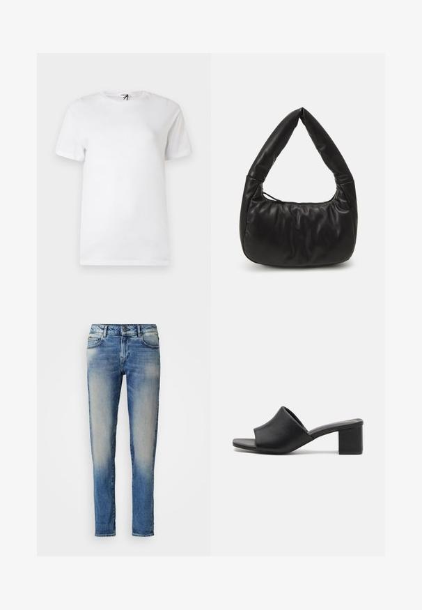 Enkelt hvid kortærmet t-shirt i bomuld med rund hals, med et lille diskret logo nær brystet og en mærkat ved kraven.; Blå falmede skinny jeans med forlommer, bæltestropper og knaplukning, præsenteret på en helt hvid baggrund.; Sorte læder mules med blokhæl og åben tå, med en glat overflade og let buet overdelsdesign for komfort og stil.; Sort læder skuldertaske med en afslappet design, der har et karakteristisk knyttet håndtag og en lynlåslukning. Glat tekstur overalt.