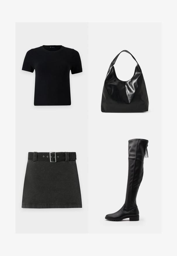 T-shirt noir à manches courtes avec un col rond, fabriqué en tissu doux. Présente une coupe classique et un design épuré et simple.; Jupe mini en denim noir avec une ceinture assortie présentant une boucle métallique et des passants de ceinture, affichée à plat sur un fond blanc.; Bottes noires en cuir montantes avec une texture lisse, bout arrondi et semelle en caoutchouc. Elles présentent un design ajusté et un détail de lien à l'arrière.; Sac hobo en cuir noir avec une texture douce et brillante et un haut ouvert arrondi. Dispose d'une large sangle courbée pour le transport. Pas de matériel visible.
