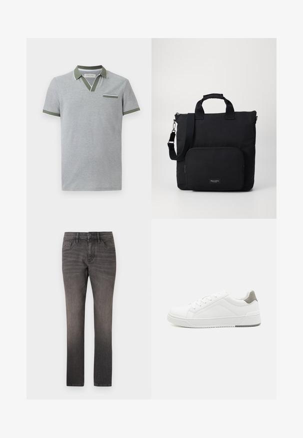 Lysegrå kortærmet poloshirt med olivengrøn krave, ærmekanter, V-halskant og lille brystlomme detaljer.; TOM TAILOR JOSH - Jeans Straight Leg - used dark stone black denim; Hvid sneaker lavet af glat læder, rund tå, minimalistisk design, grå hælafsats og tekstureret gummisål.; Sort nylon tote taske med to korte håndtag, en aftagelig skulderrem og en frontlomme med lynlås. Inkluderer et brandlogo mærke.