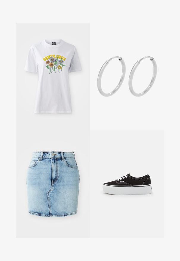 Witte katoenen t-shirt met een kleurrijk bloemenontwerp en "SANTA CRUZ" tekst in het geel, ronde halslijn, korte mouwen en een relaxte pasvorm.; Lichtblauwe denimrok met een aansluitende pasvorm, vijf zakken, een knoop- en ritssluiting en gestikte details langs de zoom.; Zwarte canvas sneaker met een witte rubberen platformzool, voorzien van witte veters en stiksels, iconische branding op de zijkant, low-top ontwerp.; Zilveren hoepeloorbellen, cirkelvormig, met een gladde glanzende textuur en een constante breedte. Minimalistisch ontwerp zonder extra accenten.