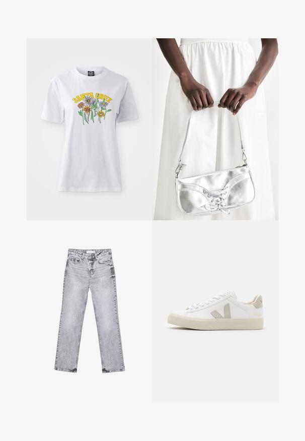 Witte katoenen t-shirt met een kleurrijk bloemenontwerp en "SANTA CRUZ" tekst in het geel, ronde halslijn, korte mouwen en een relaxte pasvorm.; Grijze denim jeans met een rechte pijp, versleten details, vijf zakken en koperen klinknagels. De tailleband is voorzien van een logo-label.; Witte sneakers van leer met grijze V-logo accenten, een gestructureerde rubberen zool, witte veters en een gevoerde tong en kraag.; Zilveren metalen handtas met vetersluiting, met een strak ontwerp en een korte schouderriem. De tas wordt vastgehouden in de handen, waardoor de textuur goed tot zijn recht komt.