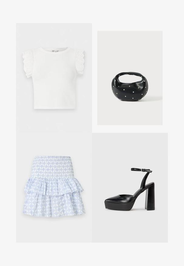 Haut en maille blanc à manches courtes avec encolure ronde et détails en dentelle ajourée à volants sur les manches.; Jupe blanche avec motif floral géométrique bleu, taille smockée et design à volants superposés.; Escarpins noirs à plateforme avec un bout pointu et une sangle réglable à la cheville. Conçus en cuir lisse, avec un large talon bloc.; Sac à main en cuir noir de forme arrondie, décoré de clous argentés et équipé d'une poignée courte. Texture lisse et fermeture éclair.