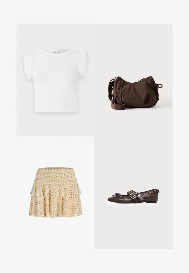 Haut en maille blanc à manches courtes avec encolure ronde et détails en dentelle ajourée à volants sur les manches.; Jupe beige à volants avec des pois marron, ourlet évasé et taille froncée.; Chaussure plate en cuir marron foncé avec bout pointu, doubles brides à boucles argentées, œillets métalliques et nœud décoratif à l'avant.; Sac à bandoulière en velours côtelé marron avec sangle réglable, fermeture éclair et détails à cordon latéraux sur fond blanc.