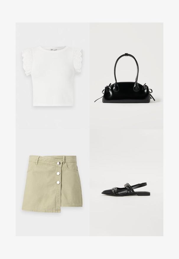 Haut en maille blanc à manches courtes avec encolure ronde et détails en dentelle ajourée à volants sur les manches.; Jupe portefeuille en jean beige avec boutons-pression argentés à l'avant et passants pour ceinture, présentant un léger chevauchement sur le côté droit avant.; Even&Odd Ballerines à brides arrière - black; Petit sac à main noir brillant avec deux longues anses et des détails à cordon sur les côtés sur un fond clair uni.