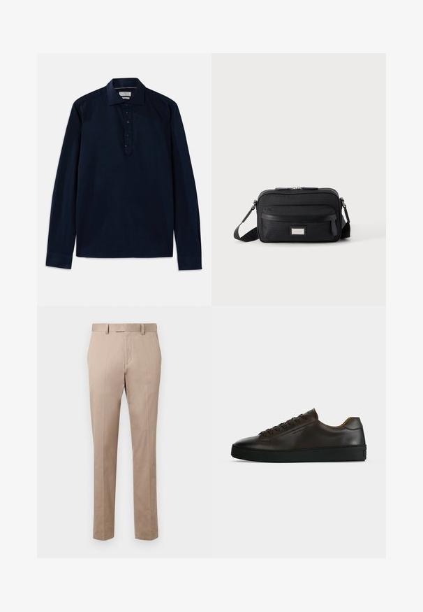Michael Kors Langærmet T-shirt - navy; Beige skræddersyede bukser med lige ben, flad front og bæltestropper lavet af glat stof. Ingen synlige mønstre eller accenter.; Lavprofil mørkebrune lædersneaker med sort gummisål, snørelukning foran og glat minimalistisk design på lys baggrund.; Sort rektangulær crossbody-taske med front lynlåslomme, justerbar rem og sølv rektangulært logo mærke på ensfarvet baggrund.