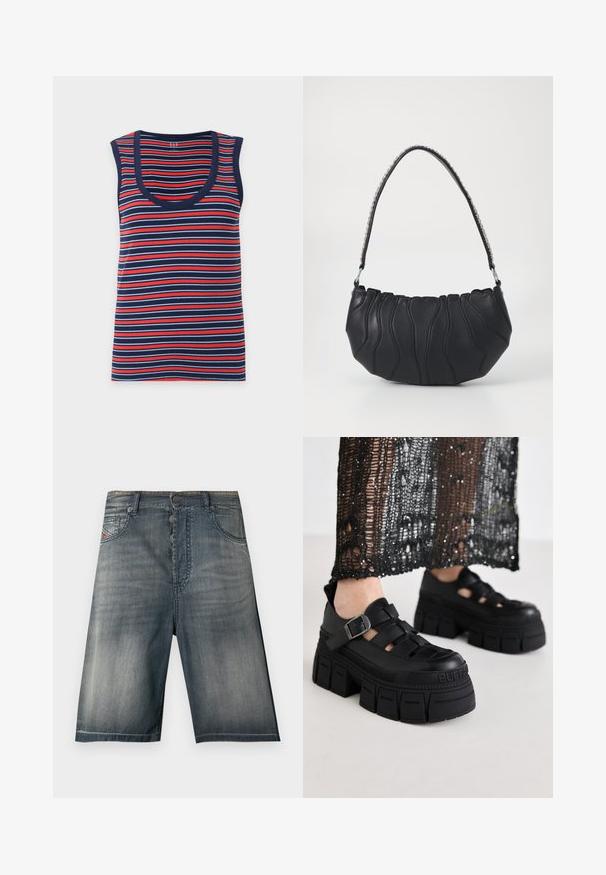 Ærmeløs ribstrikket top med vandrette striber i marineblå, rød og lyseblå samt navy rund halsudskæring og ærmegab.; Denimshorts i en udvasket blå nuance med fem-lomme design, knaplukning og subtile syningsdetaljer.; Sorte platform sandaler med et chunky design, der har brede stropper og en sidelås. Fremstillet af tekstureret gummi med et logodetalje.; Sort læderhåndtaske med en buet form, bølgende syningsdetaljer og en sølvfarvet kædestrop. Glat tekstur, kompakt størrelse.