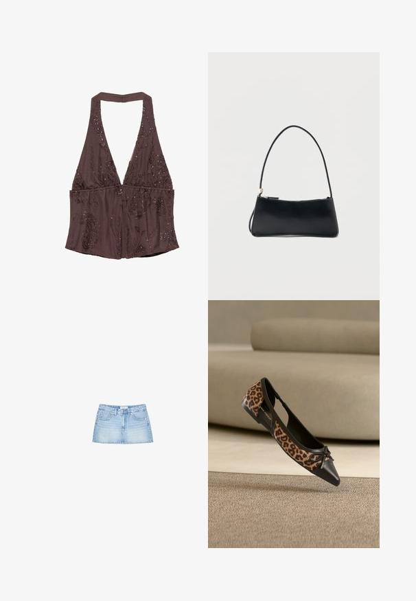 Mørkebrun ærmeløs halterneck-top med dyb V-udskæring og indviklede blomsterbroderier og palietdetaljer på let vævet stof.; Lysblå denimminiskørt med lige snit, fem lomme, og frontknaplukning med bæltestropper. Glat tekstur.; Flad sko med leopardprint på siderne, sort spids tå og lille sløjfedetalje, vist mod beige sofa og tæppebaggrund.; Sort rektangulær håndtaske med tynd skulderrem og lynlåslukning, sat mod en enkel hvid baggrund.