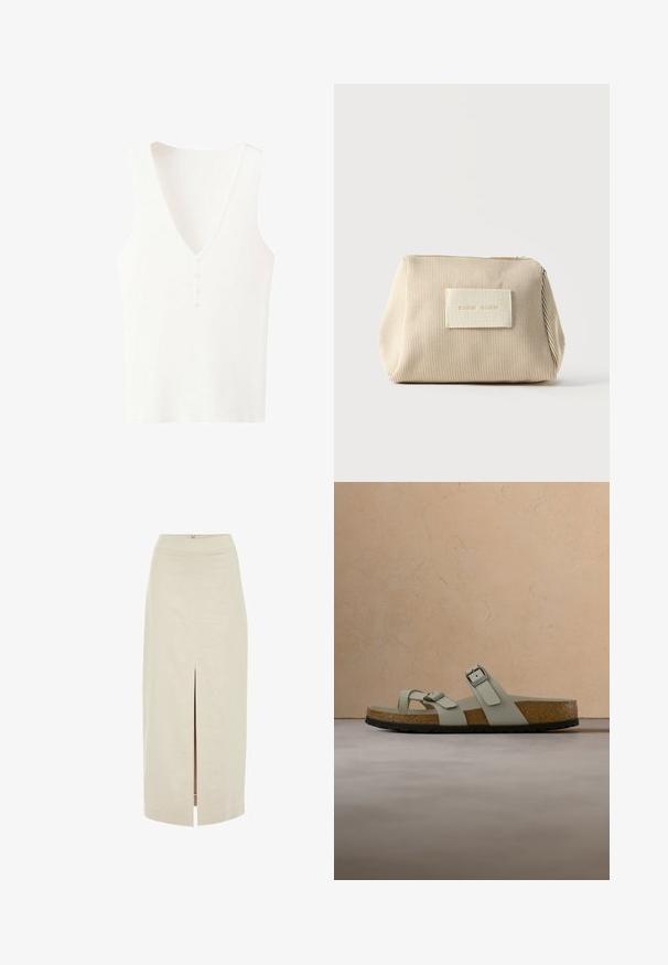 Ärmelloses weißes geripptes Stricktop mit V-Ausschnitt und drei kleinen Knöpfen in der Mitte vorne.; Helle beige Midi-Rock mit geradem Schnitt und einem mittigen vorderen Schlitz. Aus einem glatten Stoff mit einem verdeckten Reißverschluss auf der Rückseite gefertigt.; Beige Sandalen mit doppelten verstellbaren Riemen, Korkfußbett und strukturierter schwarzer Gummisohle, vor neutralem Hintergrund aufgehängt.; Beige gerippte Stofftasche mit Reißverschluss oben und rechteckigem Aufnäher mit erhabenem Text vorne, vor einem schlichten weißen Hintergrund.