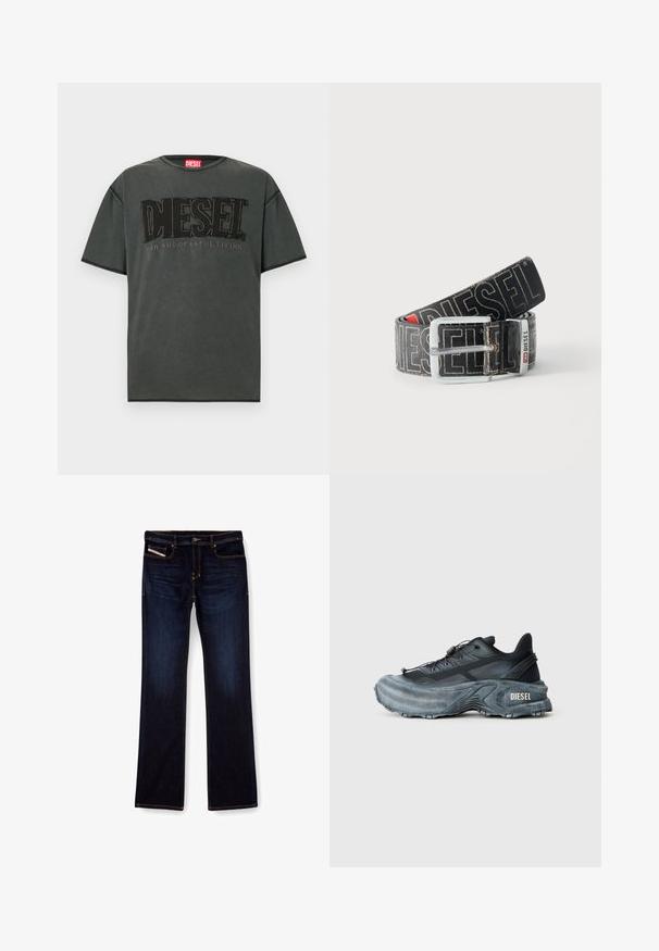 Dunkelgraues Kurzarm-T-Shirt aus Baumwolle. Verfügt über ein großes schwarzes DIESEL-Logo und den Schriftzug "FOR SUCCESSFUL LIVING" in kontrastierendem Design.; Dunkelblaue Jeans aus Denim mit geradem Bein, ausgestattet mit orangefarbenen Nähten, einem Reißverschluss und Vordertaschen. Glatte Textur und Standardbund.; Schwarz- und graue Diesel-Sneaker mit dicker Sohle, Schnürverschluss und strukturiertem Design auf einem schlichten hellgrauen Hintergrund.; Schwarzer Diesel-Gürtel mit großem weißen Logotext, rechteckiger silberner Schnalle und gebrandetem Metallschlaufen-Detail, aufgewickelt auf hellem Hintergrund.