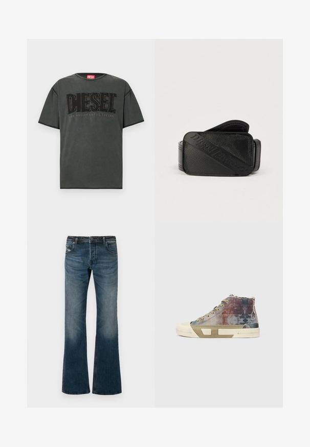 Donkergrijs T-shirt met korte mouwen van katoen. Heeft een groot zwart DIESEL-logo en de tekst "FOR SUCCESSFUL LIVING" in een contrasterend ontwerp.; Verbleekte blauwe denim jeans met een uitlopende pijp, vijf zakken en een donkere tailleband. Heeft subtiele wassing bij de dijen.; High-top sneakers met een meerkleurig canvas bovenwerk met vervaagde patronen, beige zool en een minimalistisch ontwerp. Blootgestelde stiksels en accenten.; Zwarte riem met een gestructureerd ontwerp en een opvallend geperst logo. Het materiaal lijkt glad met een lederachtige afwerking.