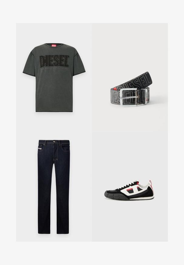 Dunkelgraues Kurzarm-T-Shirt aus Baumwolle. Verfügt über ein großes schwarzes DIESEL-Logo und den Schriftzug "FOR SUCCESSFUL LIVING" in kontrastierendem Design.; Dunkelblaue Jeans aus Denim mit gerader Passform, die fünf Taschen, kontrastierende Nähte und einen Metallknopfverschluss aufweisen.; Diesel S PAGODHA LOW - Sneaker low - black; Schwarzer Diesel-Gürtel mit großem weißen Logotext, rechteckiger silberner Schnalle und gebrandetem Metallschlaufen-Detail, aufgewickelt auf hellem Hintergrund.