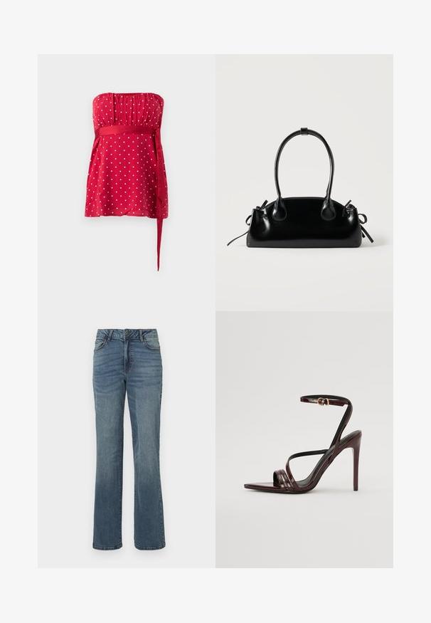 Rød stropløs top med hvide polkaprikker, rynket liv og et bundet bånd, der snøres ind i taljen. Glat stof med et flydende design.; Blå denimjeans med lige ben, med frontknap og lynlås lukning, for- og baglommer samt subtilt falmet detaljering.; Bordeaux laker læder højhælede sandal med ankelrem, spids tå og tre vandrette remme over foden. Detalje med spænde i guldtonet.; Lille sort blank håndtaske med to lange håndtag og snøre-detaljer i siden på en ensfarvet lys baggrund.