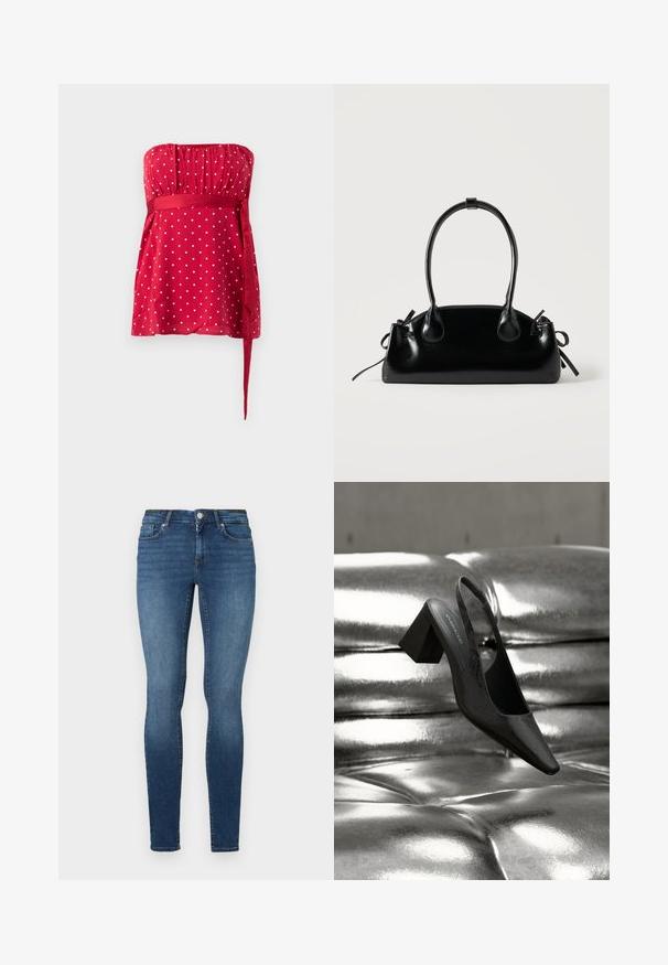 Rød stropløs top med hvide polkaprikker, rynket liv og et bundet bånd, der snøres ind i taljen. Glat stof med et flydende design.; Tætsiddende jeans i mørkeblå denim med fem lommer, en frontknap og lynlås. Stoffet har en glat tekstur med let falmning.; Sort slingback-hæl med spids tå, der har en tekstureret overflade og en chunky blokhæl. Lagt mod en skinnende, metallisk baggrund.; Lille sort blank håndtaske med to lange håndtag og snøre-detaljer i siden på en ensfarvet lys baggrund.