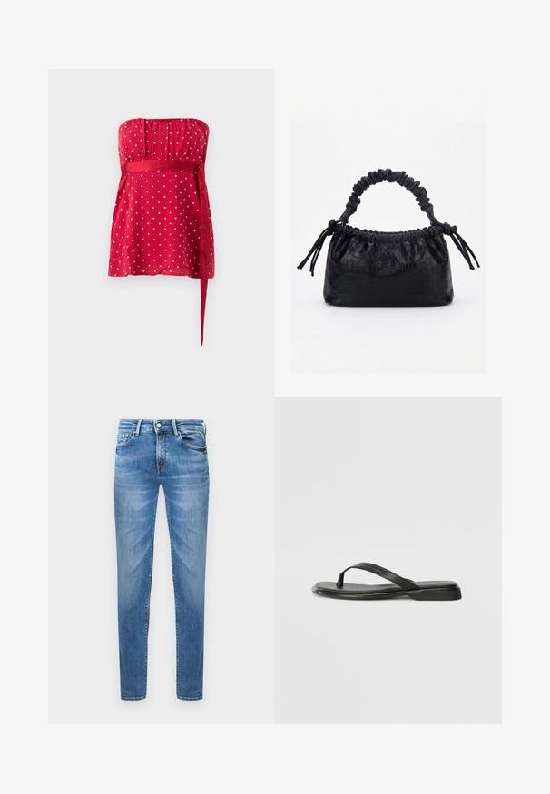 Rød stropløs top med hvide polkaprikker, rynket liv og et bundet bånd, der snøres ind i taljen. Glat stof med et flydende design.; Lyseblå denimjeans med slim fit. Funktioner inkluderer en knaplukning, fem lommer og en slidseffekt på lårene.; Sorte flip-flops lavet af glat læder, med et tyndt remdesign og en flad sål med et minimalt profil. Ingen bemærkelsesværdige mønstre eller accenter.; Sort taske med krokodilletekstur, rynket øverste kant, samlet hank og snore med kvaster på hver side mod en hvid baggrund.
