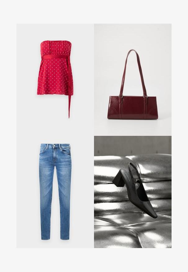 Rød stropløs top med hvide polkaprikker, rynket liv og et bundet bånd, der snøres ind i taljen. Glat stof med et flydende design.; Lyseblå denimjeans med slim fit. Funktioner inkluderer en knaplukning, fem lommer og en slidseffekt på lårene.; Sort slingback-hæl med spids tå, der har en tekstureret overflade og en chunky blokhæl. Lagt mod en skinnende, metallisk baggrund.; Bordeaux håndtaske lavet af glansfuldt materiale, rektangulær form, med to skulderremme og subtile buede detaljer på forsiden.
