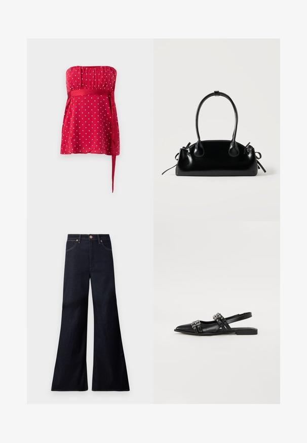 Haut rouge sans bretelles orné de pois blancs, avec un corsage froncé et une ceinture nouée qui serre la taille. Tissu lisse avec une coupe fluide.; Jean en denim indigo foncé taille haute, coupe large évasée, bouton à l'avant, fermeture éclair et deux poches avant avec rivets en cuivre.; Even&Odd by Zalando Ballerines à brides arrière - black; Petit sac à main noir brillant avec deux longues anses et des détails à cordon sur les côtés sur un fond clair uni.