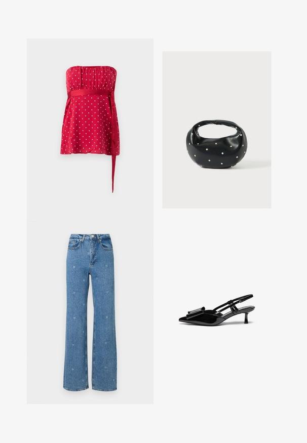 Rotes trägerloses Oberteil mit weißen Punkten, gerafftem Oberteil und gebundener Taillenschärpe. Glatter Stoff mit fließendem Design.; Blaue, hoch taillierte Straight-Leg-Jeans mit kleinen, weißen Blumenstickereien, die über den Stoff verteilt sind.; Schwarze Lackleder-Slingbacks mit spitzer Zehenpartie, einer Schleifendetail an der Vorderseite und einem kleinen Stiletto-Absatz. Die Riemen haben verstellbare Schnallen.; Schwarze Lederhandtasche mit abgerundeter Form, verziert mit silbernen Nietenakzenten und kurzem Griff. Glatte Struktur und Reißverschlussverschluss.