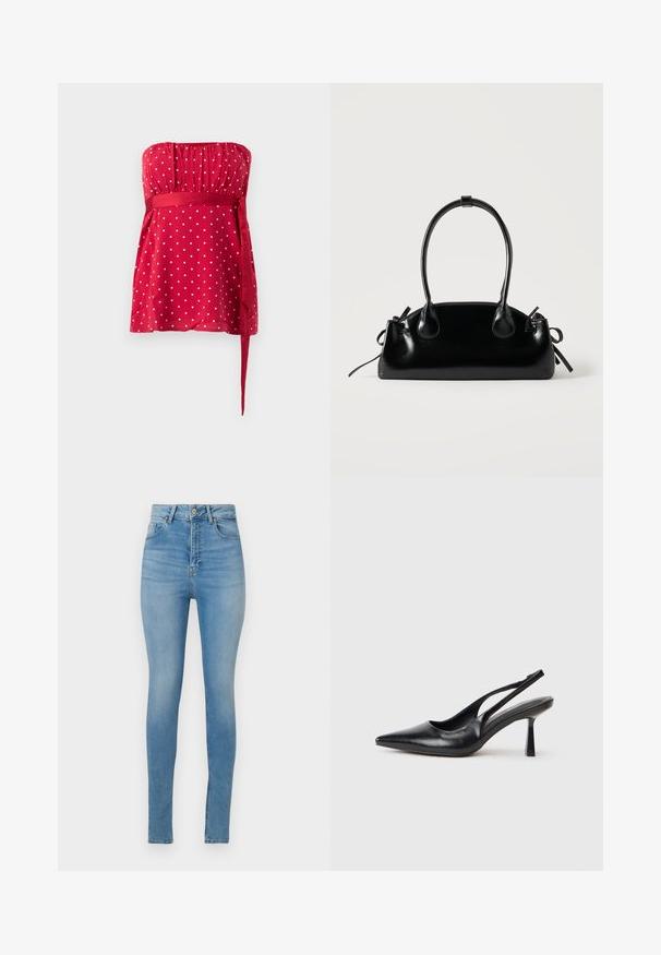 Haut rouge sans bretelles orné de pois blancs, avec un corsage froncé et une ceinture nouée qui serre la taille. Tissu lisse avec une coupe fluide.; Jeans skinny taille haute en denim bleu clair. Comprend des passants de ceinture, une fermeture à bouton sur le devant et un design standard à quatre poches.; Chaussure à talon haut en cuir noir, à bride arrière, avec un bout pointu et un talon fin sur fond blanc.; Petit sac à main noir brillant avec deux longues anses et des détails à cordon sur les côtés sur un fond clair uni.