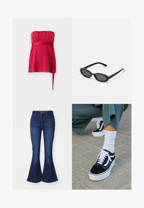 Rotes trägerloses Oberteil mit weißen Punkten, gerafftem Oberteil und gebundener Taillenschärpe. Glatter Stoff mit fließendem Design.; Dunkelblaue Schlagjeans aus Denim mit hoher Taille, fünf Taschen und Knopfverschluss, leicht ausgebleicht an den Oberschenkeln.; Schwarze Wildledersneaker mit weißen Akzenten und Schnürsenkeln, ausgestattet mit einer dicken weißen Sohle und kontrastierenden Nähten, kombiniert mit einer weißen Socke.; Even&Odd Sonnenbrille - black
