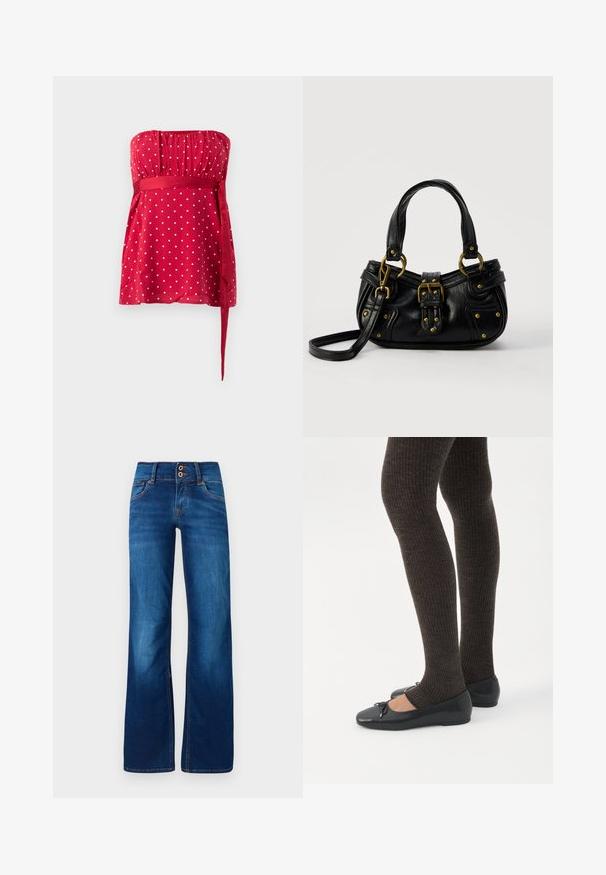 Top rojo sin tirantes con lunares blancos, corpiño fruncido y faja anudada que ajusta en la cintura. Tela suave con diseño fluido.; Jeans de pernera ancha en denim azul, con dos botones frontales, costuras naranjas y una textura suave. Diseño clásico de cinco bolsillos.; Piernas con leggings oscuros acanalados combinados con bailarinas negras que presentan pequeños detalles de lazo sobre un fondo blanco.; Bolso de cuero negro con hebilla y detalles de remaches dorados, asas cortas y una correa de hombro ajustable sobre un fondo blanco liso.