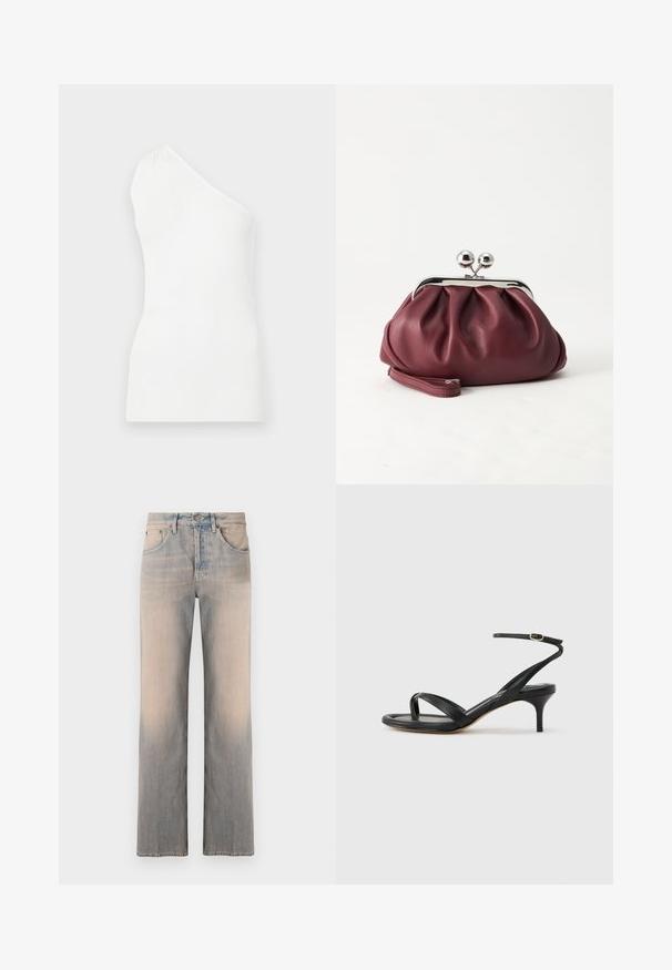 Débardeur blanc côtelé à une épaule. Doté d'une coupe ajustée et d'une texture subtile, mettant en avant un style minimaliste.; Jean en denim bleu clair avec une coupe droite, comportant des poches avant, une décoloration subtile et une taille standard avec un bouton en métal.; Sandale pour femme en cuir noir avec fines lanières, une boucle d'orteil, une boucle à la cheville et un talon aiguille de hauteur moyenne sur un fond neutre.; Petit sac pochette en cuir bordeaux avec fermoir métallique argenté et bracelet sur fond blanc.