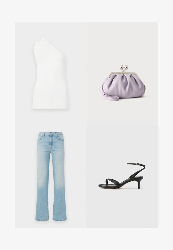 Hvid, ribbet tanktop med design med én skulder. Har en tætsiddende pasform og subtil tekstur, der understreger en minimalistisk stil.; Lyseblå, flagrende jeans lavet af denim, med høj talje, fem lomme-design og en bleget finish for en vintage effekt.; Sort damesandal i læder med tynde remme, en tå-loop, ankelspænde og en mellemhøj stiletthæl på en neutral baggrund.; Blød lavendel clutch med opsamlet stof, sølv kiss-lock lås og matchende håndledsrem på en ensfarvet lys baggrund.