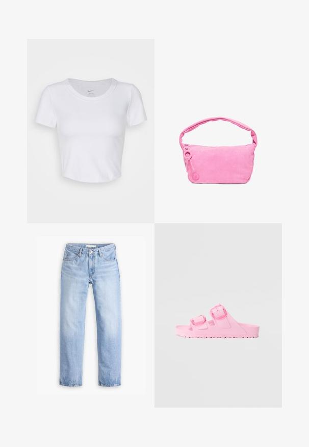 Hvid, kortærmet crop top lavet af glat, syntetisk materiale. Har en rund halsudskæring og Nike-logoet indeni kraven.; Lyseblå denimjeans med en lige ben-design, fem lommer og en mellemhøj talje. Har en falmet struktur og håndsyet kant.; Lyserøde slip-on sandaler lavet af gummi. Har to justerbare stropper med klare spænder, tekstureret fodseng og en rillede sål for bedre greb.; Lille blød skuldertaske i lyserødt stof med bred polstret rem og lynlåslukning, med rund træktab og cirkulært logodetalje.