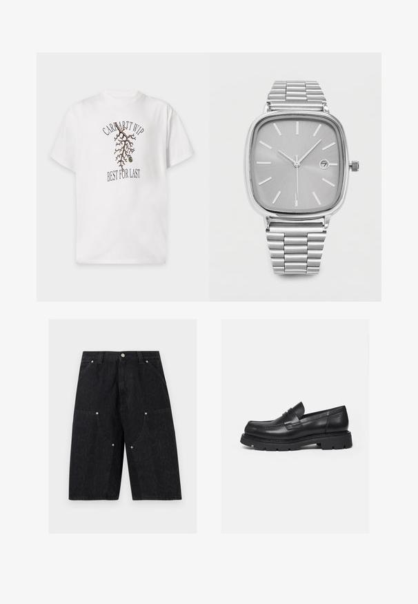 Weißes kurzärmeliges T-Shirt mit einem braunen Ast, einer grünen Olive und schwarzem Text "Carhartt WIP" über und "Best for Last" unter dem Ast.; Schwarze Denim-Shorts mit Fronttaschen, silbernen Nieten und Gürtelschlaufen, mit einem subtil strukturierten Muster.; Schwarzer Lederloafer mit dicker, profilierter Sohle und Pennyriemen-Detail, von der rechten Seitenansicht auf weißem Hintergrund gezeigt.; Silberne analoge Armbanduhr aus Metall mit quadratischem Zifferblatt, minimalen Stundenmarkierungen, drei Zeigern und einem Datumsfenster, das den 7. zeigt.