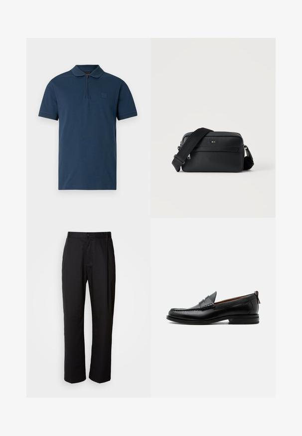 Marineblaues Polohemd mit kurzen Ärmeln, Kragen und Frontreißverschluss, mit kleinem geprägt Logo auf der linken Brust.; Schwarze Hosen mit geradem Schnitt, aus leichtem Stoff gefertigt. Verfügt über einen vorderen Knopfverschluss und zwei seitliche Taschen; glatte Textur.; Schwarzer Leder-Herrenschuh mit Mokassinnaht, Penny-Riemen, strukturiertem Kragen und niedrigem gestapeltem Absatz auf weißem Hintergrund.; Schwarze, strukturierte Leder-Crossbody-Tasche mit vorderer Reißverschlusstasche und verstellbarem breitem Stoff-Schulterriemen auf weißem Hintergrund.