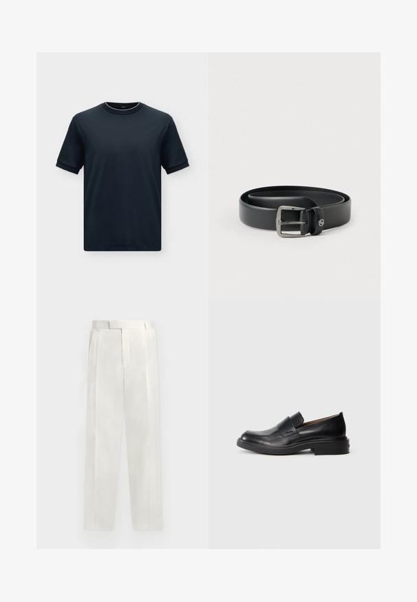 T-shirt noir uni à manches courtes avec col rond côtelé et bord-côtes aux manches sur fond blanc.; Pantalon blanc ajusté avec plis à l'avant, taille, passants de ceinture et fermeture frontale dissimulée, présenté sur un fond neutre.; Chaussure habillée noire en cuir, à enfiler, avec un petit talon et un logo Calvin Klein discret sur le côté, présentée de profil sur un fond blanc.; Ceinture en cuir noir avec une boucle en métal argenté brillante, texture lisse et bords cousus. Dispose d'une boucle pour fixer l'extrémité de la ceinture.