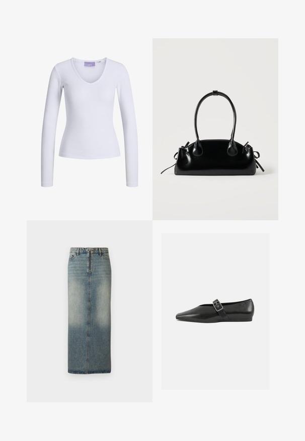 Hvid langærmet top med ribbet tekstur og V-udskæring. Etikette synlig indeni halsen med mærkenavnet "JJXX."; Denim midi nederdel i lys blåt med en falmet finish. Har en frontlynlås og knaplukning, lige snit og minimale syninger.; Sorte læder flade sko med spidse tæer, prydet med en metallisk spænde over vristen og en lav, fleksibel sål.; Lille sort blank håndtaske med to lange håndtag og snøre-detaljer i siden på en ensfarvet lys baggrund.