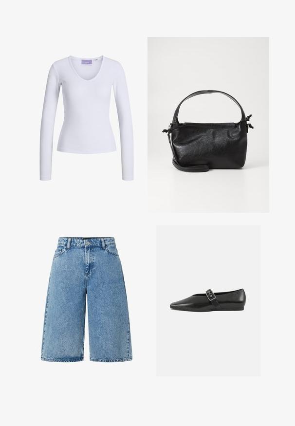 Hvid langærmet top med ribbet tekstur og V-udskæring. Etikette synlig indeni halsen med mærkenavnet "JJXX."; Lysblå denimshorts med en bred skæring, standard fem-lomme design og et struktureret stof med en falmet finish.; Sorte læder flade sko med spidse tæer, prydet med en metallisk spænde over vristen og en lav, fleksibel sål.; Sort læderhåndtaske med et struktureret design, rund tophåndtag og aftagelig skulderrem. Den har en glat tekstur og en subtil glans.