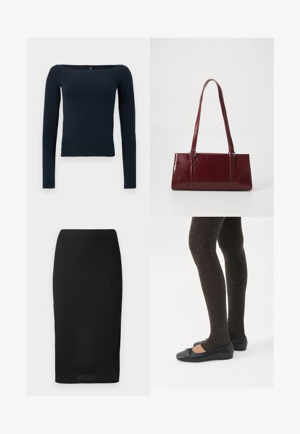 Top ajustado de manga larga en azul marino con un escote cuadrado amplio y sin patrones ni logotipos visibles.; Falda lápiz negra de canalé con un diseño ajustado, que presenta una textura suave y un corte hasta la rodilla. Cintura simple sin adornos.; Piernas con leggings oscuros acanalados combinados con bailarinas negras que presentan pequeños detalles de lazo sobre un fondo blanco.; Bolso burdeos hecho de material brillante, de forma rectangular, con dos asas para el hombro y sutiles acentos curvados en la parte frontal.