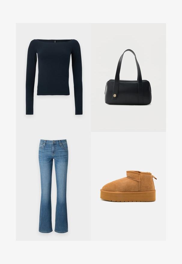 Haut ajusté bleu marine à manches longues avec un large décolleté carré, sans motifs ni logos visibles.; Jean évasé en denim de couleur bleue, avec une taille haute, cinq poches et un léger dégradé au niveau de la cuisse, accompagné de coutures cousues.; Bottines en nubuck marron avec un bout arrondi, une conception basse et une semelle en caoutchouc texturée comportant une légère plateforme et une languette.; Sac à main rectangulaire en cuir noir avec deux longues poignées et un petit logo doré sur la sangle avant, sur fond uni.
