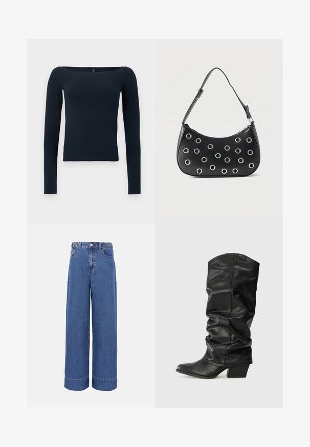 Navyblauwe, nauwsluitende top met lange mouwen, een brede vierkante halslijn en zonder zichtbare patronen of logo's.; Blauwe denim jeans met wijde pijpen, gevlochten tailleband, knopen aan de voorkant en zakken, weergegeven op een effen achtergrond.; Zwarte leren laarzen tot de knie met een verslonden ontwerp, puntige neus en een chunky hak, voorzien van een zachte textuur en minimale stiksels.; Zwarte leren schoudertas met verstelbare riem, voorzien van zilveren metalen oogjes en een ritssluiting bovenaan.