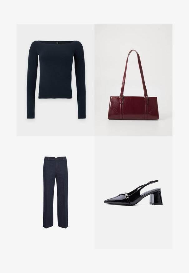 Navyblauwe, nauwsluitende top met lange mouwen, een brede vierkante halslijn en zonder zichtbare patronen of logo's.; Donkerblauwe, wijde jeans met een klassieke tailleband en voorzakken, ontworpen voor een comfortabele pasvorm en veelzijdige stijl.; Zwarte slingback hak van lakleer met een spitse neus, lage blokhiel en twee kleine zilveren gespen op de bandjes.; Bourgondische handtas van glanzend materiaal, rechthoekige vorm, met twee schouderbanden en subtiele gebogen accenten aan de voorkant.