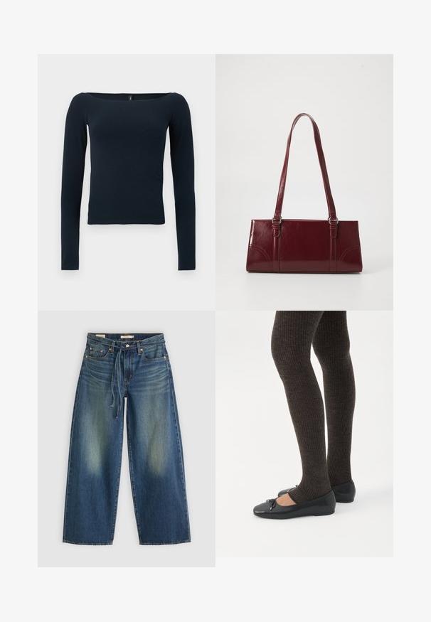 Marineblå langærmet tætsiddende bluse med en bred firkantet halsudskæring uden synlige mønstre eller logoer.; Denim brede benjeans i mørkeblå med en falmet finish, der har en snørebåndsvidde og fem lomme-design.; Ben iført mørke ribbede leggings kombineret med sorte balletsko med små sløjfedetaljer på hvid baggrund.; Bordeaux håndtaske lavet af glansfuldt materiale, rektangulær form, med to skulderremme og subtile buede detaljer på forsiden.