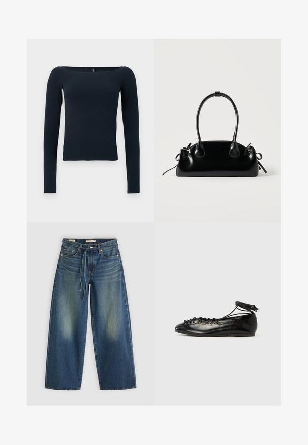Top ajustado de manga larga en azul marino con un escote cuadrado amplio y sin patrones ni logotipos visibles.; Jeans de mezclilla de pierna ancha en azul oscuro con un diseño desgastado, que presentan una cinturilla con cordón y un estilo de cinco bolsillos.; Zapatos planos tipo ballet de charol negro con punta redondeada, diseño con cordones y suela plana. Textura lisa con detalles mínimos.; Pequeño bolso negro brillante con dos asas largas y detalles de cordón lateral sobre un fondo claro liso.